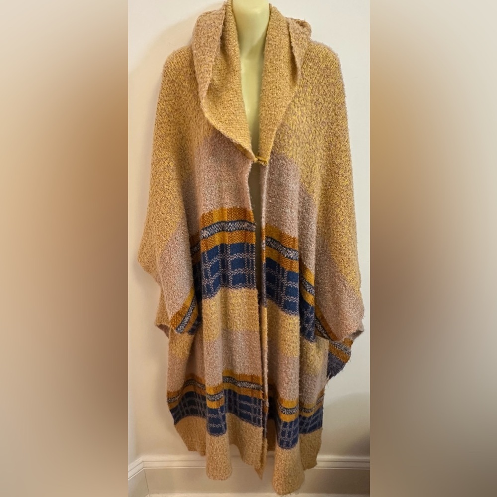 Free People Cozy Open-Front Poncho in Mustard, Blue & Beige